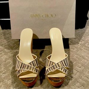 Jimmy Choo Perfume Tah off White metallic striped mesh cork wedge sandals